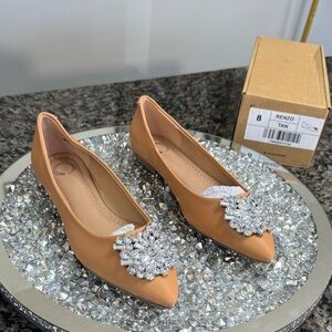 Journee Tan Pointed-Toe Flats with Crystal Embellishment NEW 8